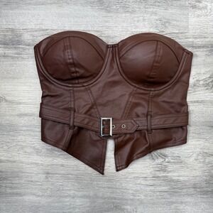 Brown Faux Leather Corset Top Bustier Buckle Detail Sexy Party Clubwear‎
